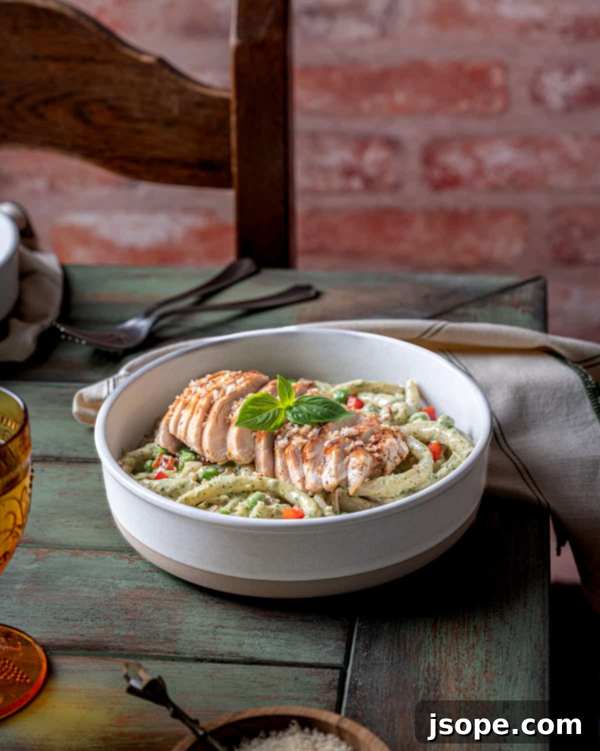 Pesto and Pea Bucatini Pasta with Grilled Chicken