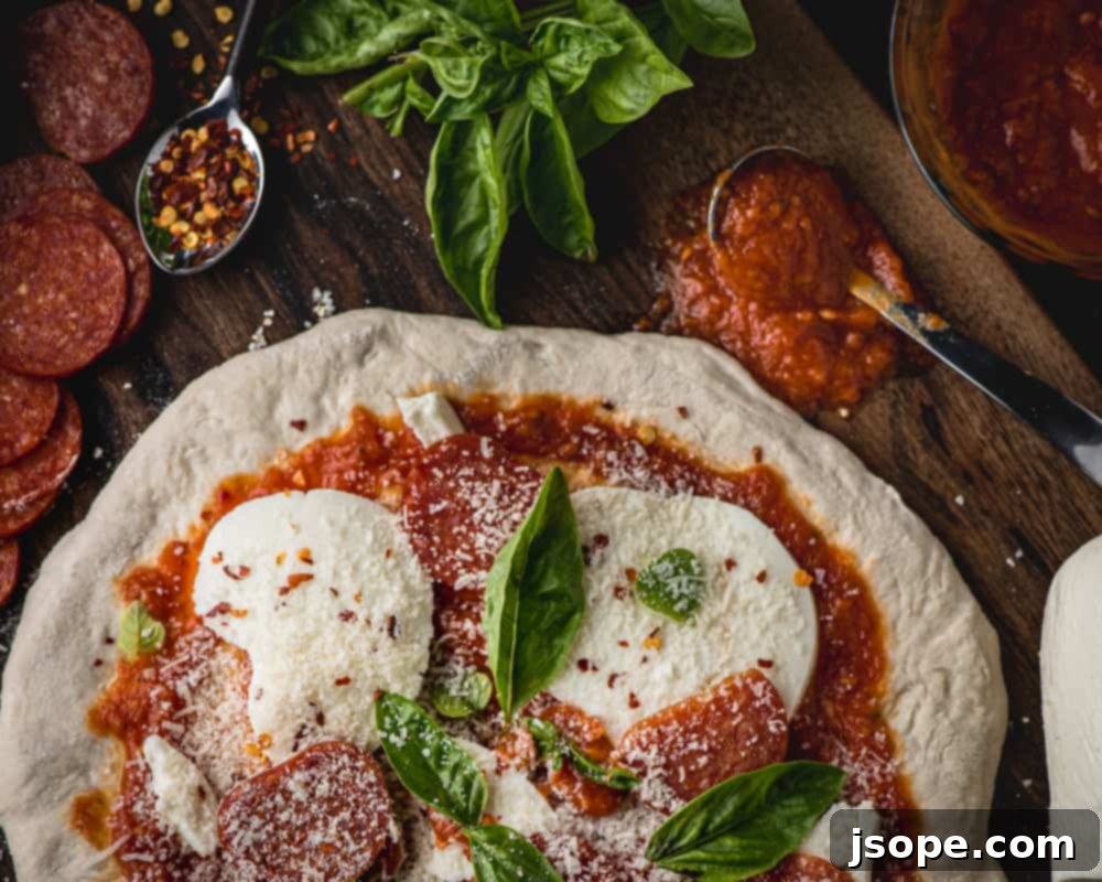 Homemade Italian Pizza Sauce: A rich, red pizza sauce in a small bowl, garnished with fresh basil, ready for spreading on pizza dough.